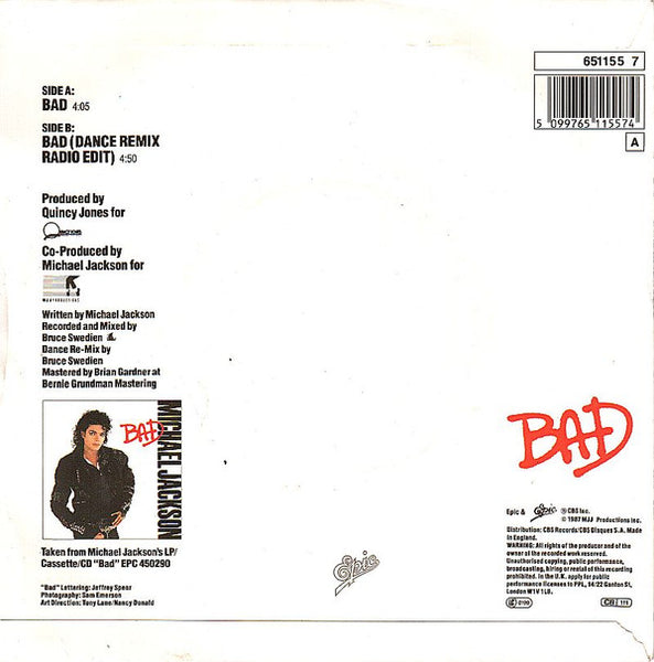 Michael Jackson : Bad (7", Single)