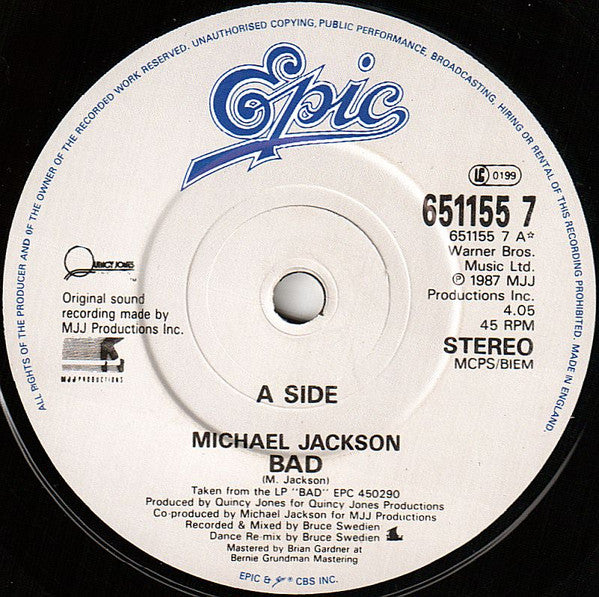 Michael Jackson : Bad (7", Single)