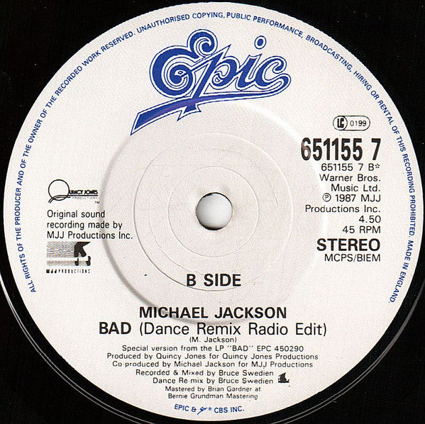 Michael Jackson : Bad (7", Single)