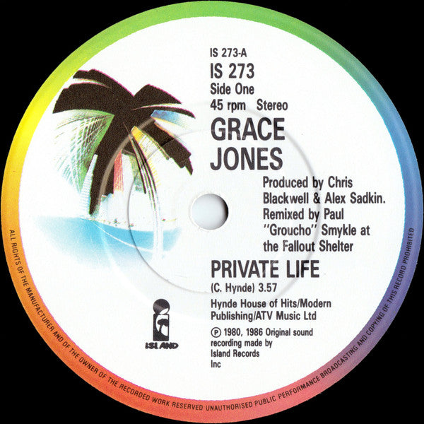 Grace Jones : Private Life, My Jamaican Guy (7", Single)