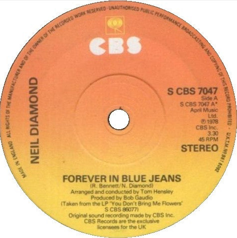 Neil Diamond : Forever In Blue Jeans (7", Single)