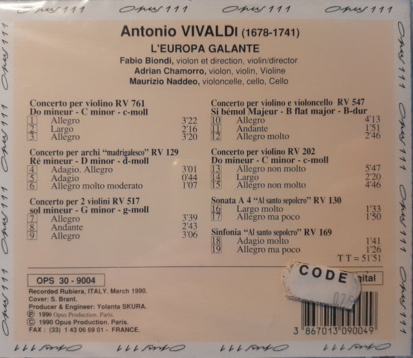 Vivaldi* - Fabio Biondi, Europa Galante : String Concerti RV 129, 130, 169, 202, 517, 761 (CD)