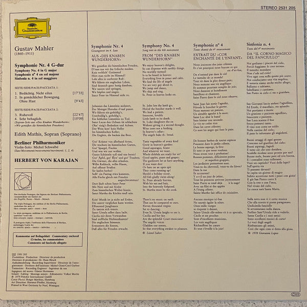 Gustav Mahler - Edith Mathis, Berliner Philharmoniker, Herbert von Karajan : 4. Symphonie (LP, RP)