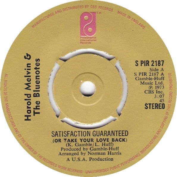 Harold Melvin & The Bluenotes* : Satisfaction Guaranteed (Or Take Your Love Back) (7", Single, 4-p)