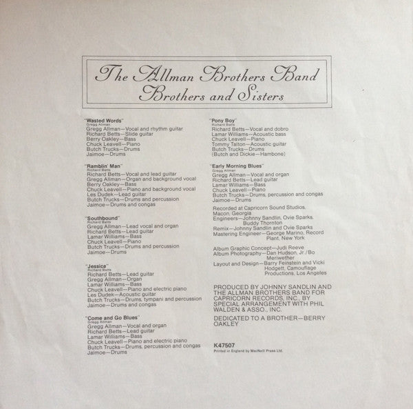 The Allman Brothers Band : Brothers And Sisters (LP, Album, Gat)