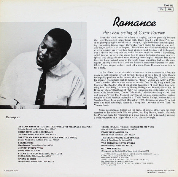 Oscar Peterson : Romance - The Vocal Styling Of Oscar Peterson (LP, Album, RE)