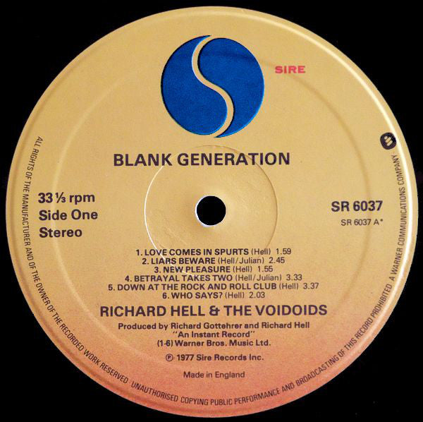 Richard Hell & The Voidoids : Blank Generation (LP, Album, RE)