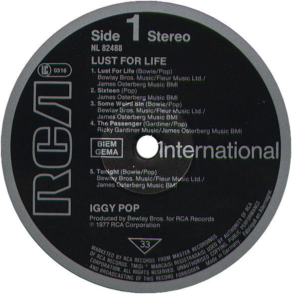 Iggy Pop : Lust For Life (LP, Album, RE)