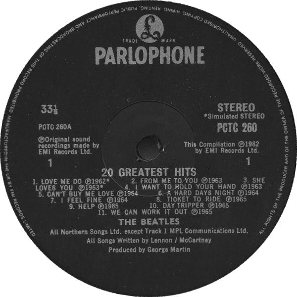 The Beatles : 20 Greatest Hits (LP, Comp, RP, Thi)