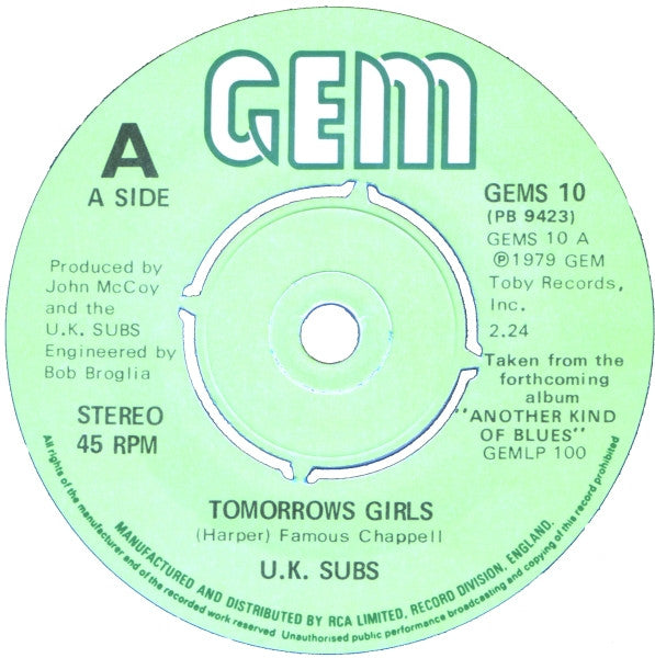 U.K. Subs* : Tomorrows Girls (7", Single, Blu)