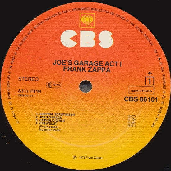 Zappa* : Joe's Garage Act I. (LP, Album, Sta)