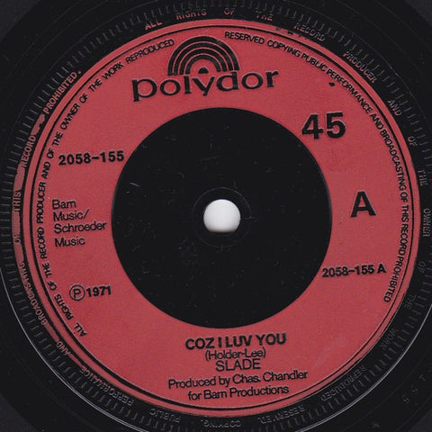 Slade : Coz I Luv You (7", Single, Red)