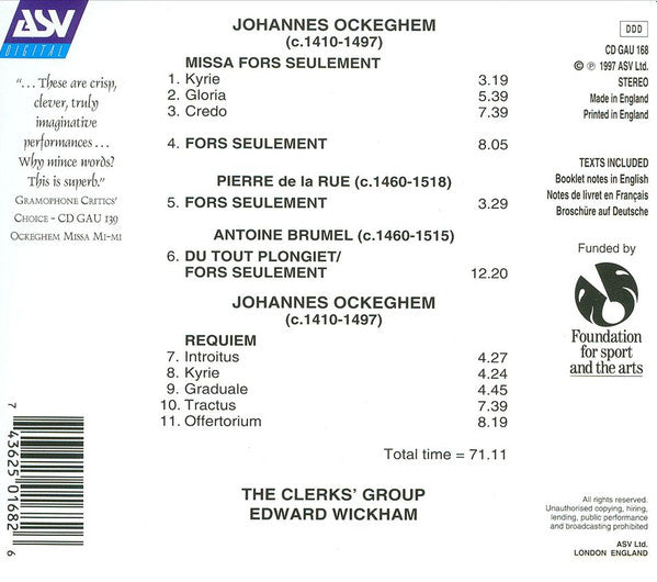 Ockeghem* - The Clerks' Group, Edward Wickham : Requiem / Missa Fors Seulement (CD, Album)