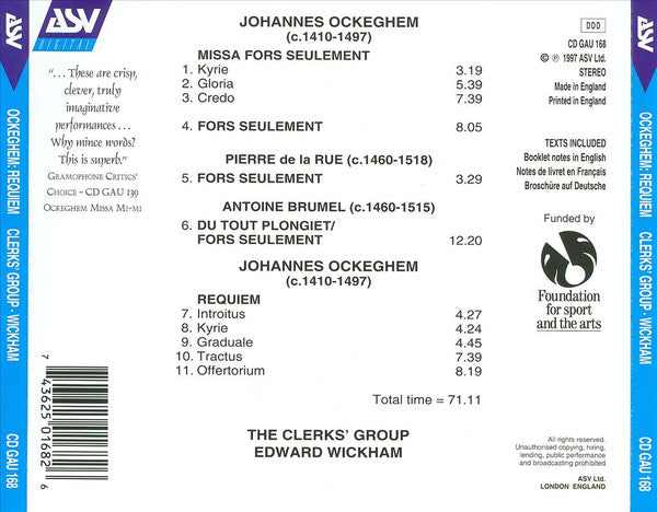 Ockeghem* - The Clerks' Group, Edward Wickham : Requiem / Missa Fors Seulement (CD, Album)