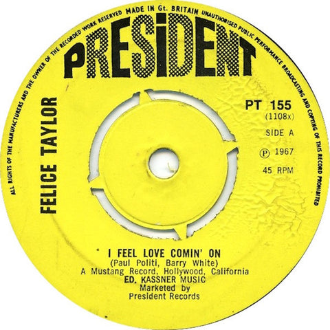 Felice Taylor / Bob Keene Orchestra : I Feel Love Comin' On / Comin' On Again (7", Single, 4-P)