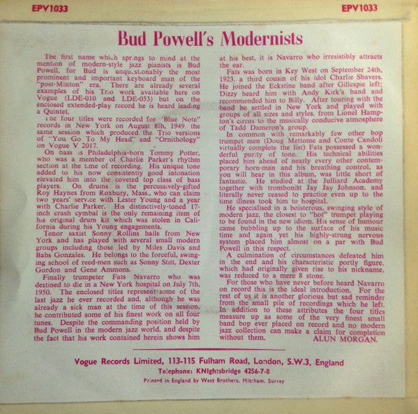 Bud Powell's Modernists : Bouncing With Bud (7", EP)