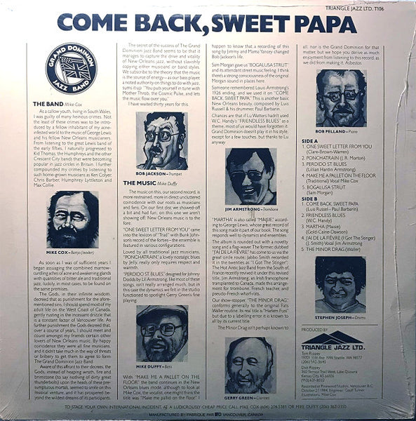 Grand Dominion Jazz Band : Come Back, Sweet Papa (LP, Album)