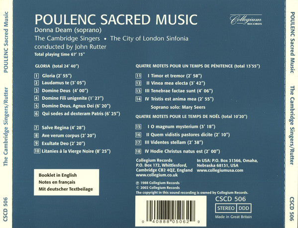 Poulenc* - The Cambridge Singers, City Of London Sinfonia Conducted By John Rutter : Sacred Music (CD, Album, RE)