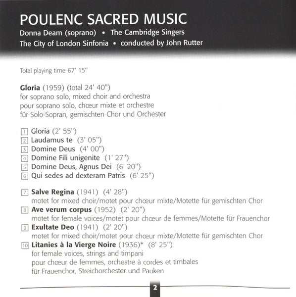 Poulenc* - The Cambridge Singers, City Of London Sinfonia Conducted By John Rutter : Sacred Music (CD, Album, RE)