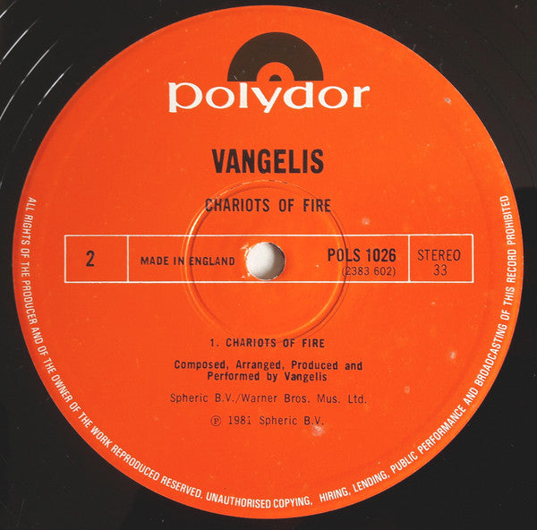 Vangelis : Chariots Of Fire (LP, Album, RE)