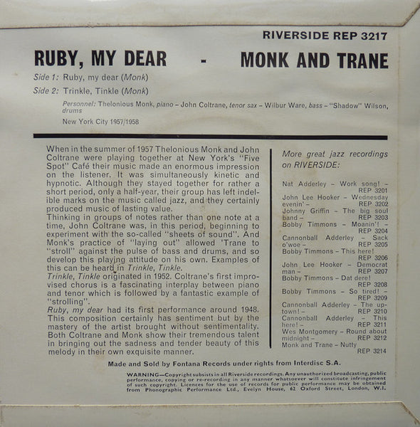 Thelonious Monk With John Coltrane : Ruby, My Dear - Monk And Trane (7", EP, Mono)