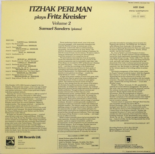 Itzhak Perlman, Samuel Sanders (2) : Itzhak Perlman Plays Fritz Kreisler Volume 2 (LP, Quad, Ori)