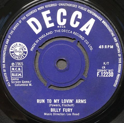 Billy Fury : Run To My Lovin' Arms (7", Single)