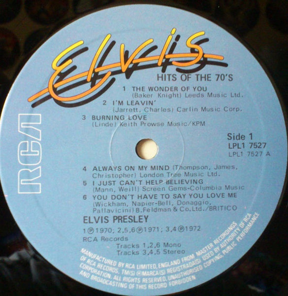 Elvis Presley : Hits Of The 70's (LP, Comp, Mono, RE)