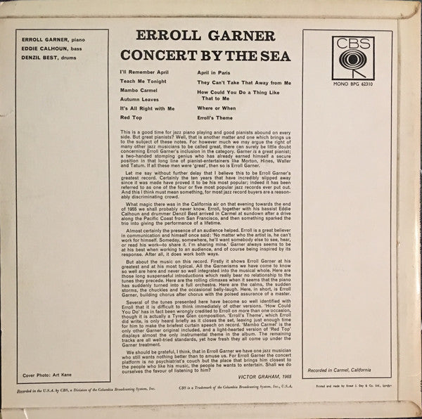 Erroll Garner : Concert By The Sea (LP, Album, Mono, RE)