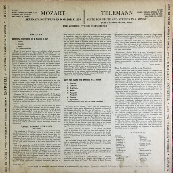 Wolfgang Amadeus Mozart, The Zimbler Sinfonietta / James Pappoutsakis, Georg Philipp Telemann : Serenata Notturna In D Major, K.239 / Suite For Flute & Strings In A Minor (LP, Album, Mono)