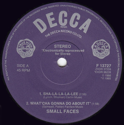 Small Faces : Sha-La-La-La-Lee / What'cha Gonna Do About It / All Or Nothing (7")