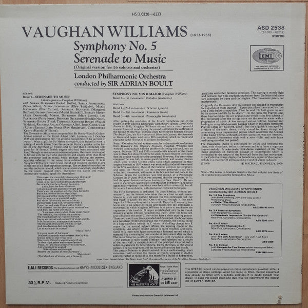 Ralph Vaughan Williams - Sir Adrian Boult, The London Philharmonic Orchestra : Symphony No. 5 • Serenade To Music (LP, RP)