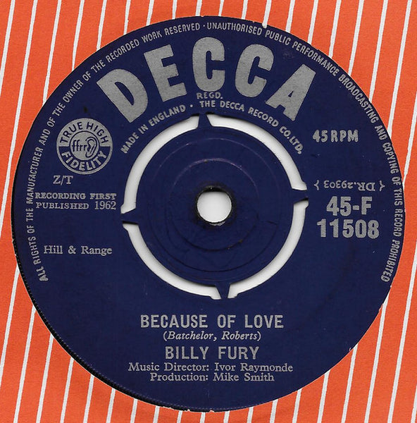 Billy Fury : Because Of Love (7", Single)