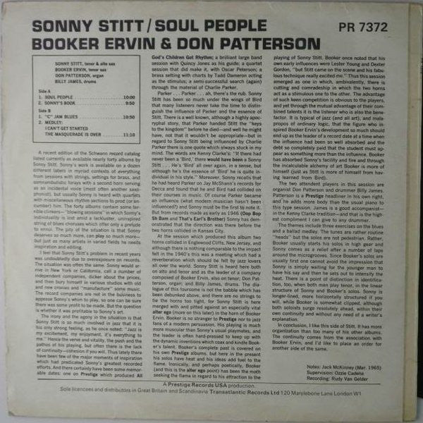 Sonny Stitt With Booker Ervin & Don Patterson : Soul People (LP, Album, RE)