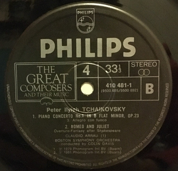 Tchaikovsky* / Boston Symphony Orchestra, Sir Colin Davis, Claudio Arrau : Piano Concerto No.1 In B Flat Minor Opus 23 With 'Romeo And Juliet' Fantasy Overture (LP)