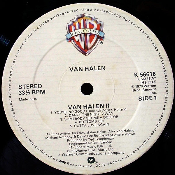 VAN HALEN II - Warner Brothers Records 1979 - USED Vinyl LP Record - 1979  Pressing HS 3312 - Dance The Night Away - Beautiful Girls - Spanish Fly -  You're No Good -  Music