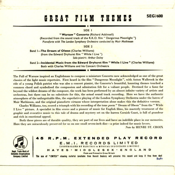 Charles Williams Concert Orchestra, The London Symphony Orchestra : Great Film Themes (7", EP)