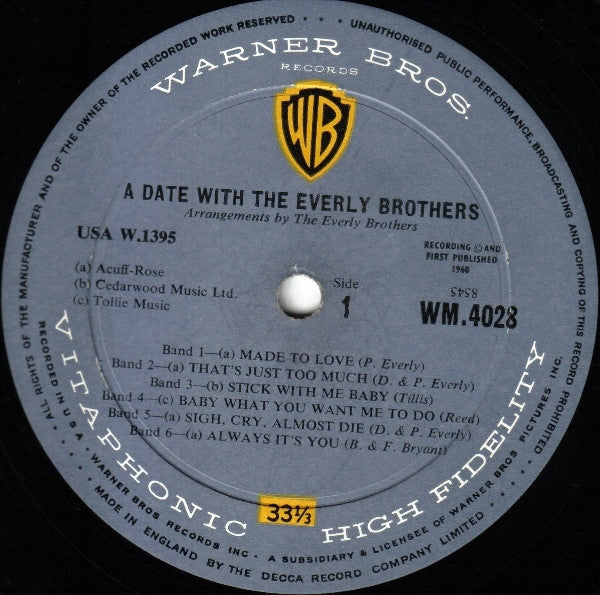 Everly Brothers : A Date With The Everly Brothers (LP, Album, Mono, Gat)