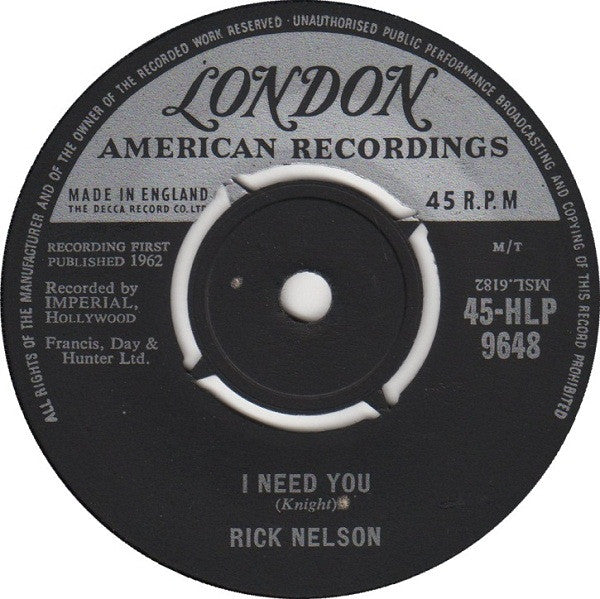 Rick Nelson* : It's Up To You (7", Single)