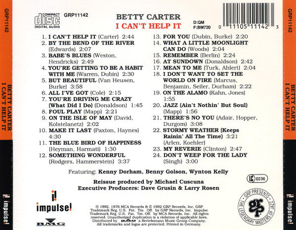 Betty Carter : I Can't Help It (CD, Comp)