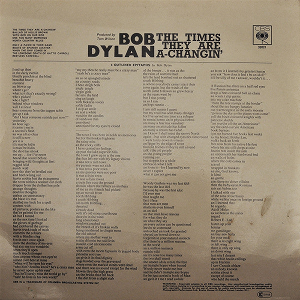 Bob Dylan : The Times They Are A-Changin' (LP, Album, RE)