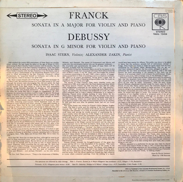 Isaac Stern - Alexander Zakin ; Franck* / Debussy* : Sonata In A Major / Sonata In G Minor (LP)