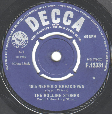 The Rolling Stones : 19th Nervous Breakdown / As Tears Go By (7", Single)