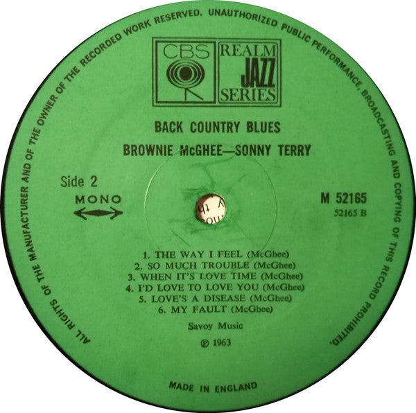 Sonny Terry & Brownie McGhee : Back Country Blues (LP, Album, Mono)