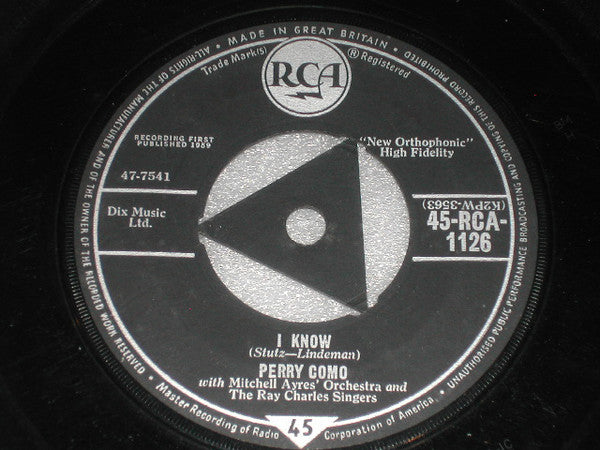 Perry Como : I Know (7", Single)