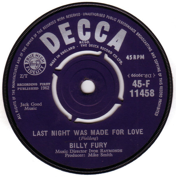 Billy Fury : Last Night Was Made For Love (7", Single)