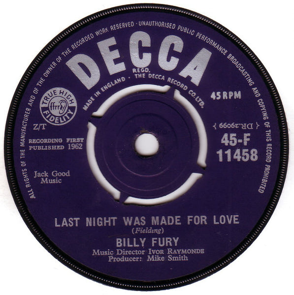 Billy Fury : Last Night Was Made For Love (7", Single)