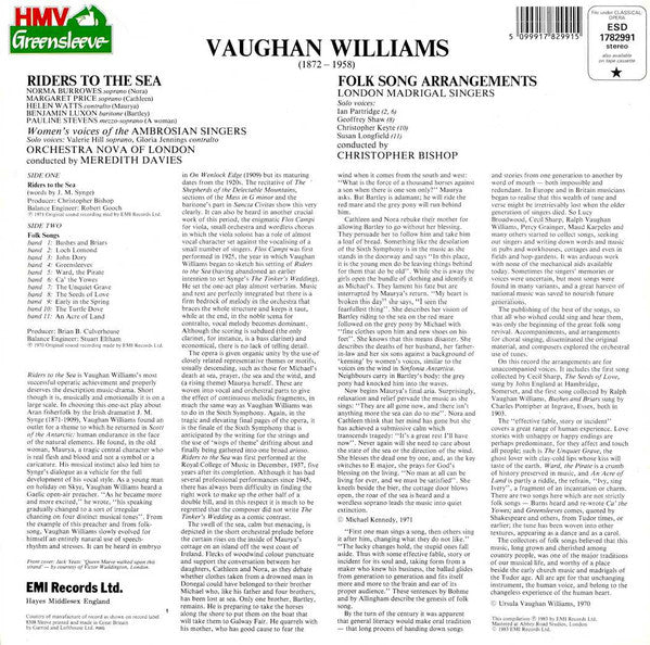 Ralph Vaughan Williams, Helen Watts, Margaret Price, Norma Burrowes, Benjamin Luxon, The Ambrosian Singers, Orchestra Nova Of London, Meredith Davies, London Madrigal Singers, Christopher Bishop : Riders To The Sea / Folk Song Arrangements (LP, Comp)