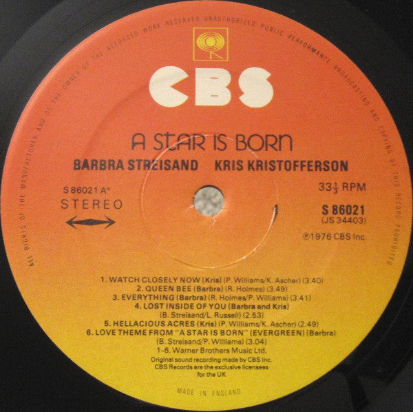 Barbra Streisand, Kris Kristofferson : A Star Is Born (LP, Album, Gat)