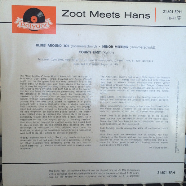 Zoot Sims And Hans Koller : Zoot Meet Hans (7", EP, RE)